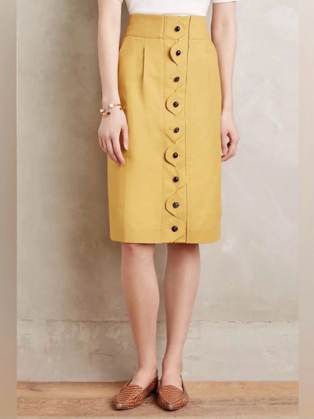 Maeve Mustard Yellow High-Waist Button-Front Pencil Skirt